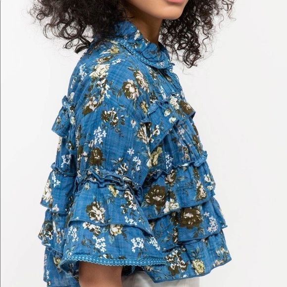 Blue cottagecore ruffle button down mid sleeve top - Picture 4 of 8